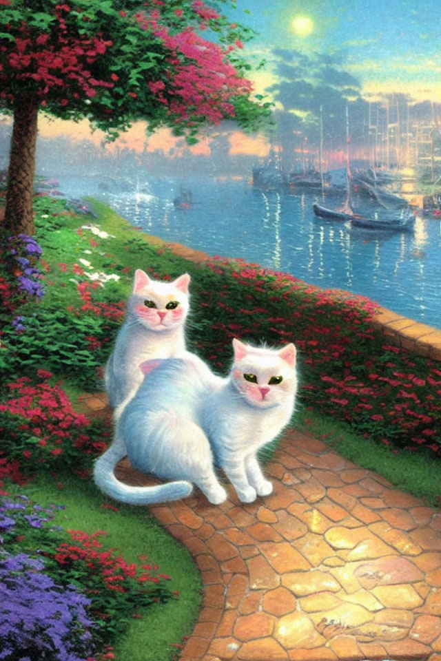 Two White Cats on Cobblestone Path by Serene Lake at Sunset