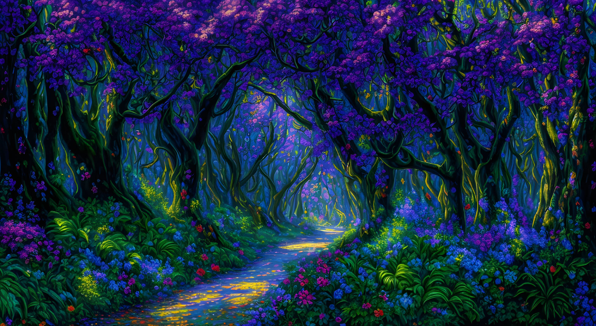 Vibrant digital artwork of enchanting forest with purple and blue flowers and luminescent trees
