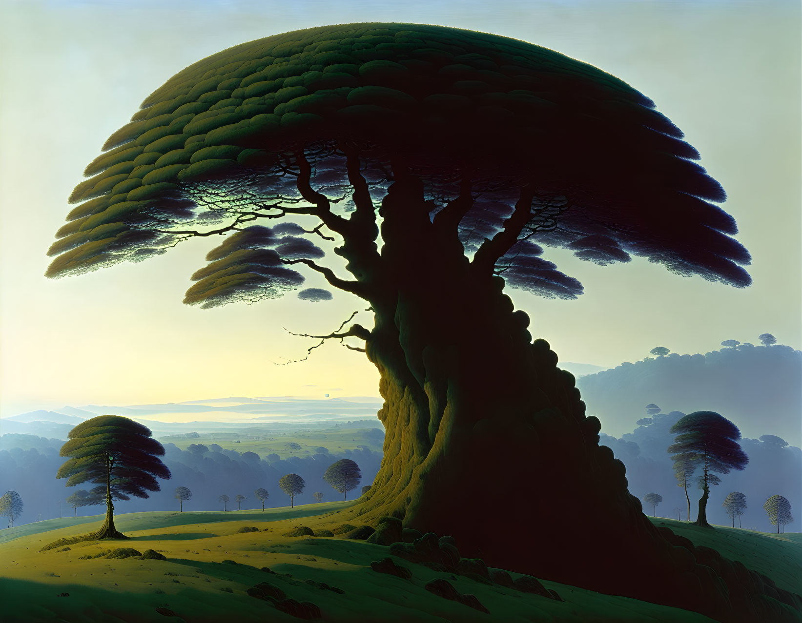 Surreal painting of oversized tree with mushroom-like canopy in landscape