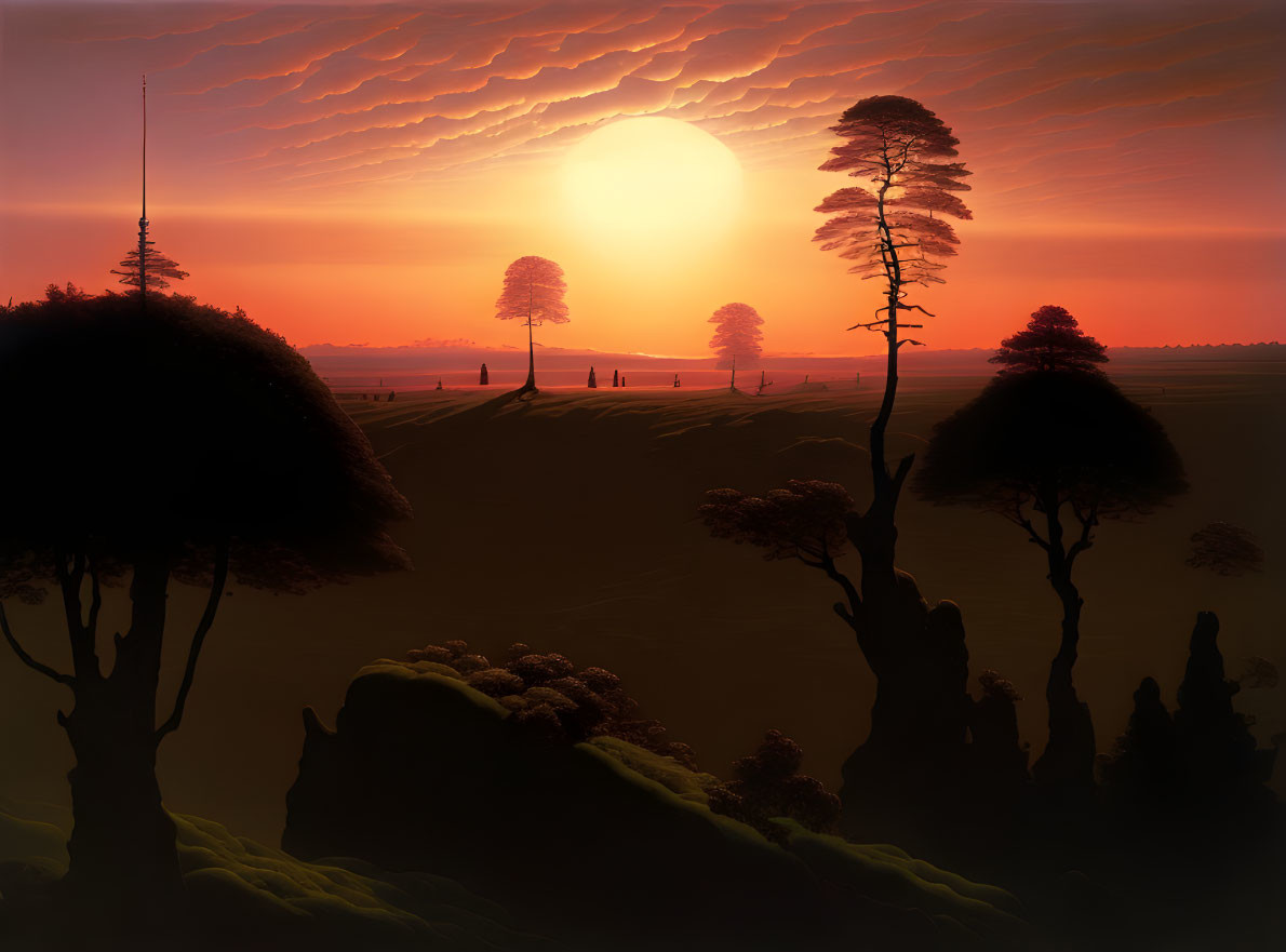 Surreal landscape with silhouetted trees, glowing sun, people, and red sky