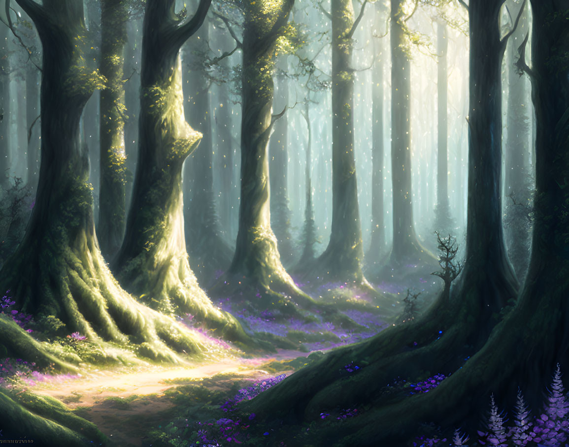 Misty forest with sunbeams, purple flowers, and ancient tree roots