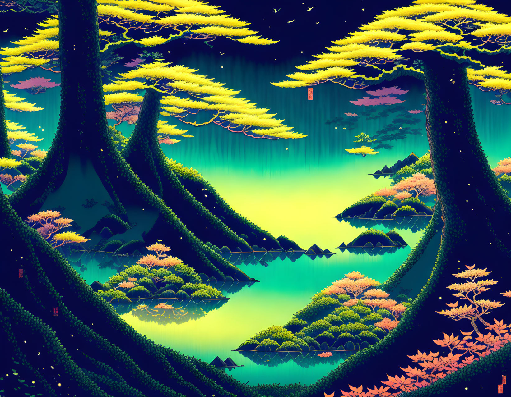 Fantastical forest scene with glowing hues and stylized trees
