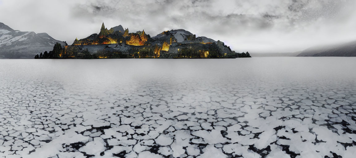 Winter scene: Snowy lake with ice formations, illuminated castle, cloudy sky