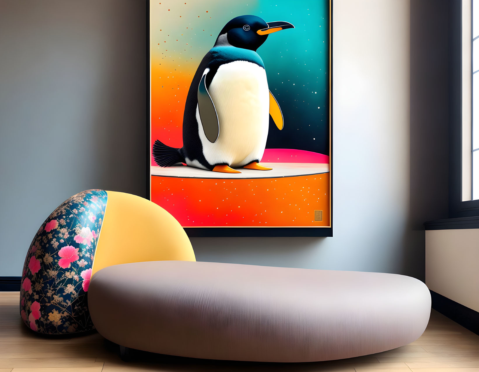 Vibrant penguin illustration in modern room with gray sofa and floral bean bag