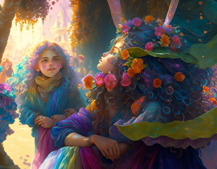 Vibrant illustration: fairy woman and child in mystical forest