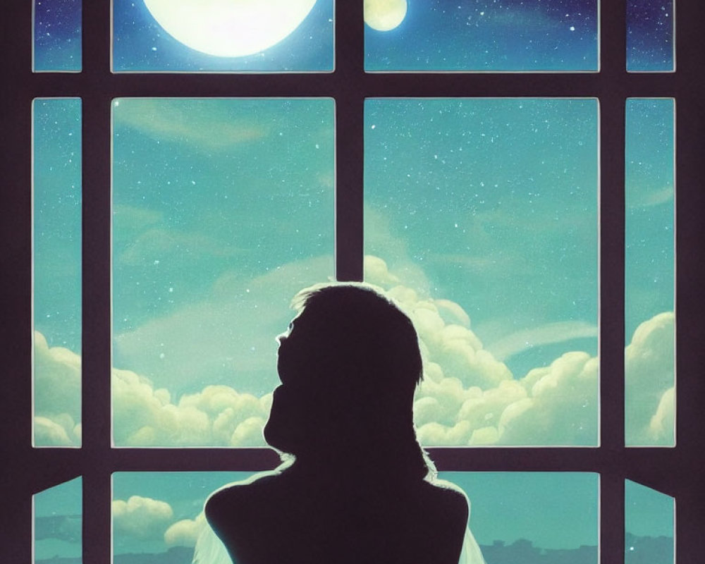 Silhouette of person by large window under night sky with full moon and stars