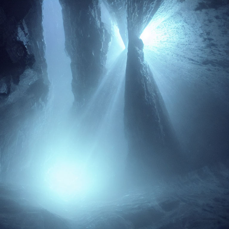 Ethereal blue waters illuminated by sunlight in ice cave
