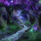 Vibrant digital artwork of enchanting forest with purple and blue flowers and luminescent trees