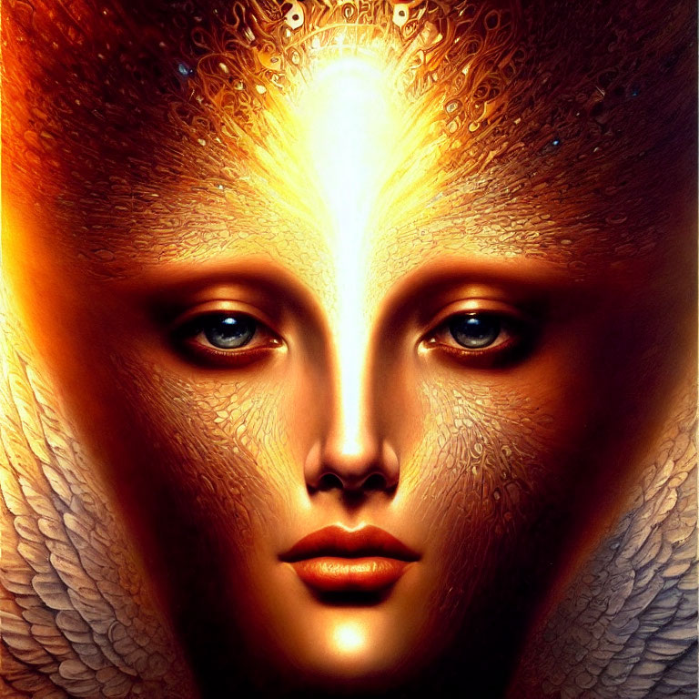 Symmetrical face with glowing eyes and light against warm background