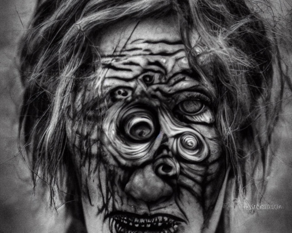 Monochrome photo of person with eerie swirling eye makeup and dark facial designs