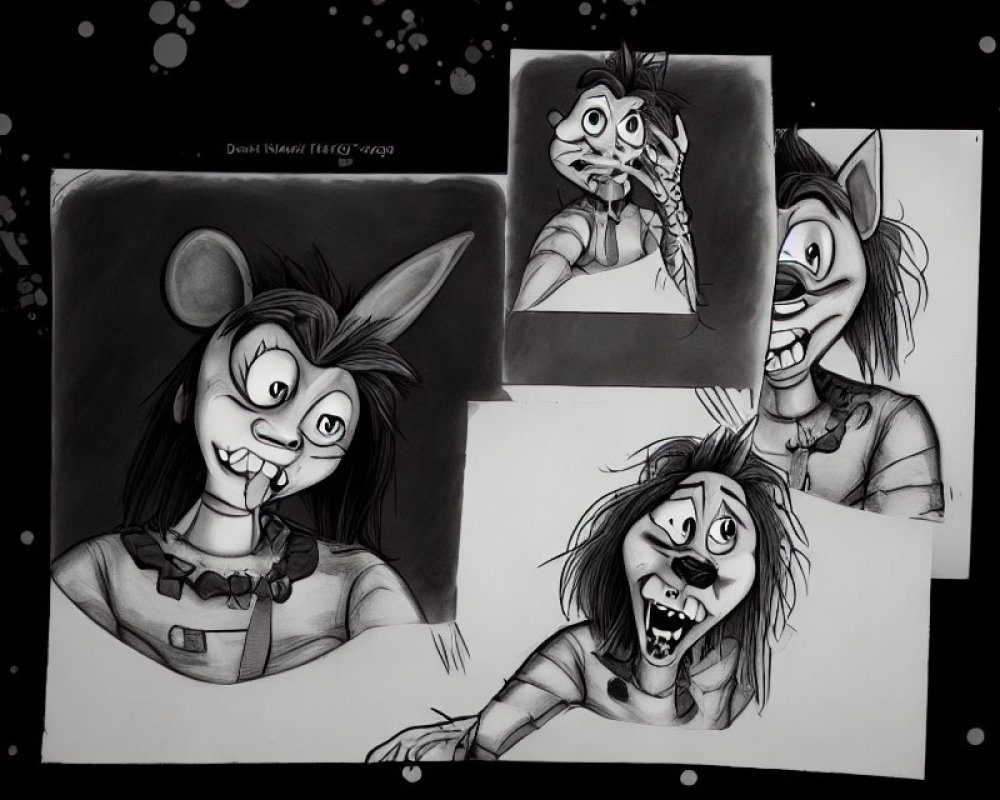 Monochrome cartoon character sketches with exaggerated facial expressions in surprise to terror