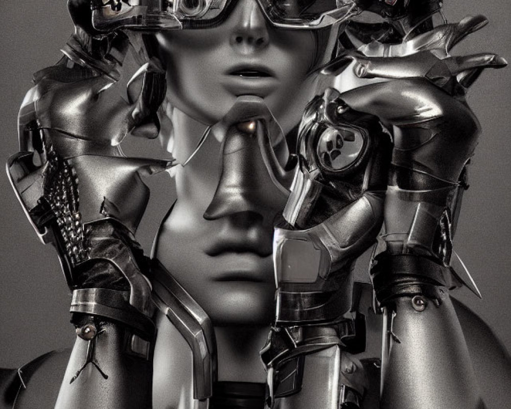 Futuristic female robot with cybernetic hands and advanced goggles