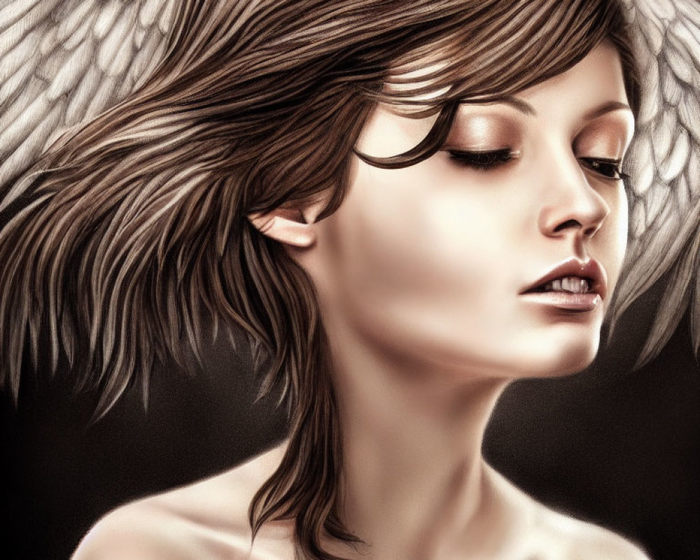 Digital artwork: Woman with angelic wing hair, detailed feathers, soft skin, serene expression