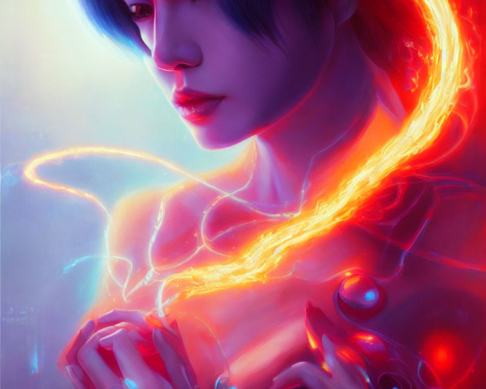 Digital artwork of person with blue hair and glowing orange energy swirling around
