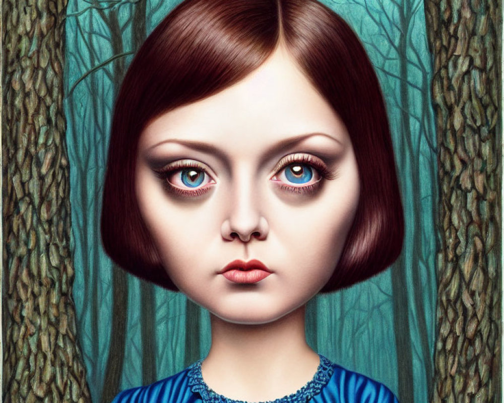 Surreal portrait of girl with oversized eyes and bob haircut in blue dress with forest background