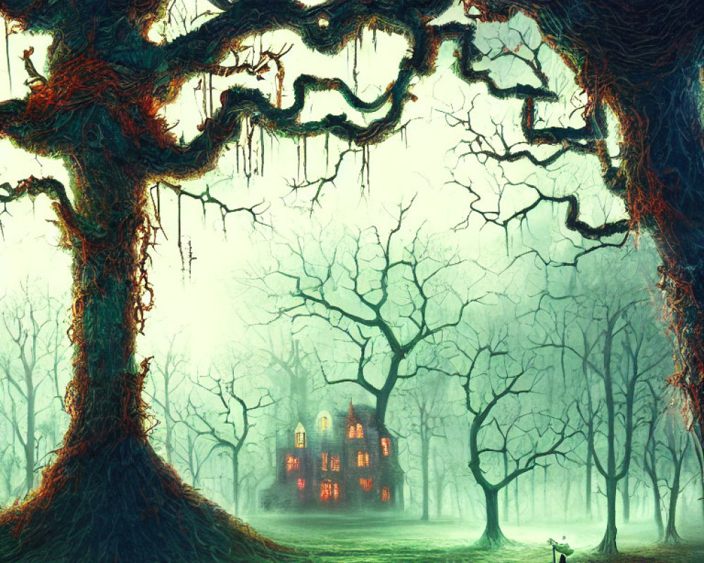 Eerie forest with twisted trees and mysterious house glow