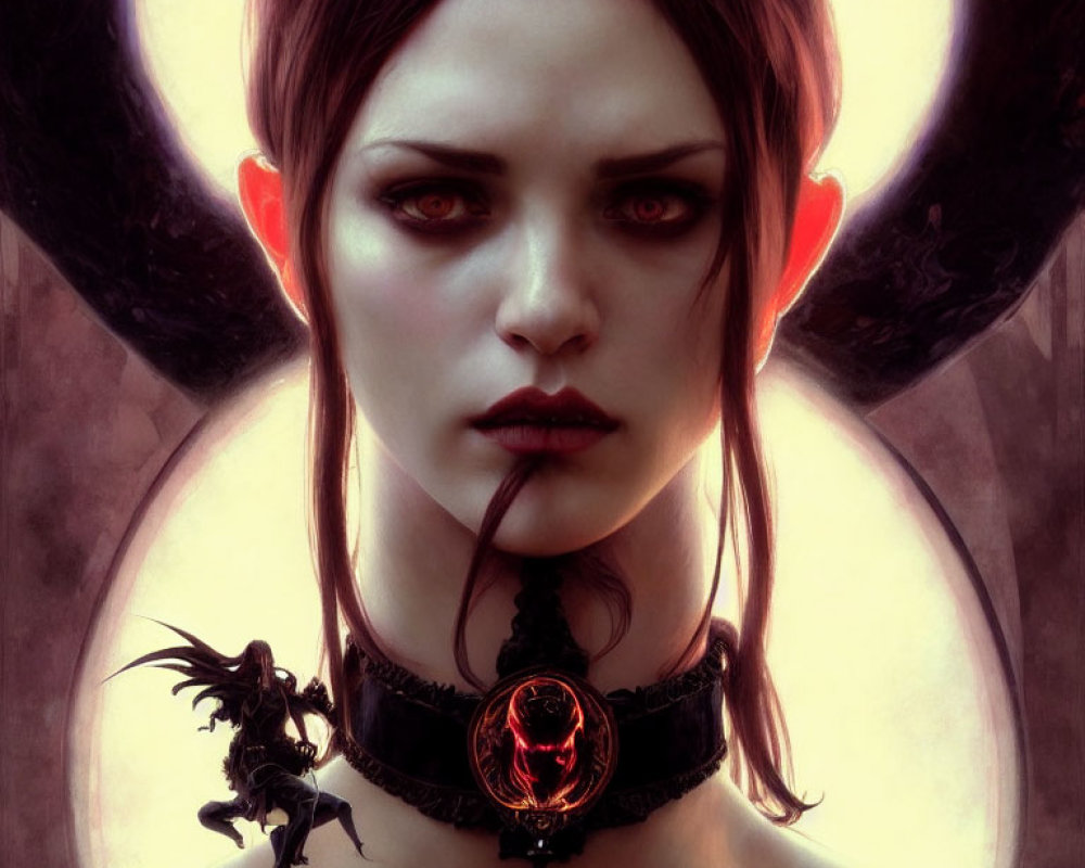 Fantasy female portrait with pointed ears, red eyes, dark lipstick, and ornate choker.