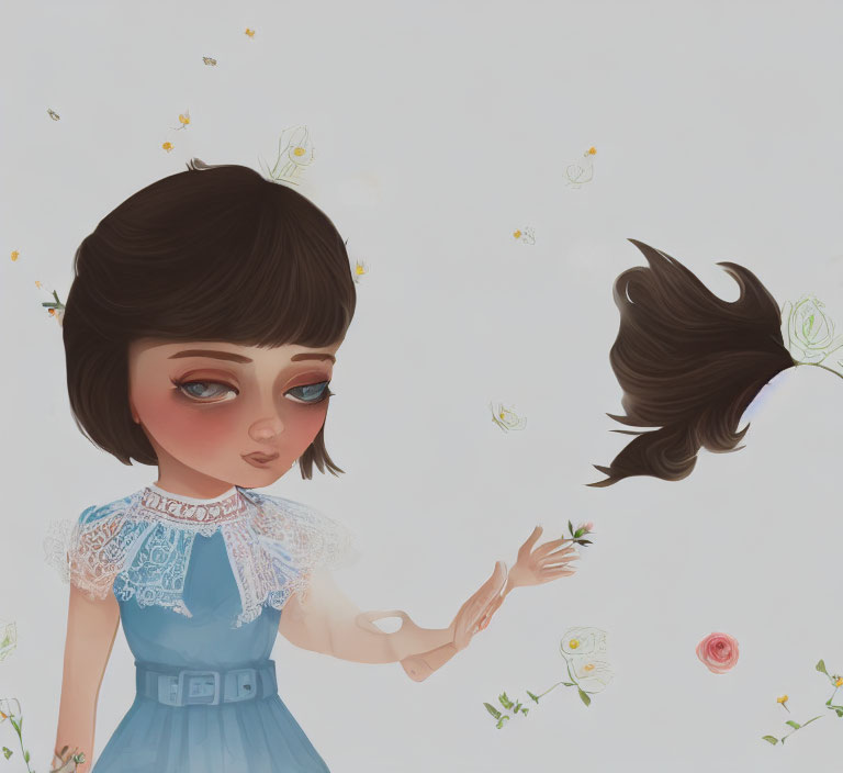 Girl with large eyes and brown hair in blue dress reaching out to floating horse with butterflies and flowers.