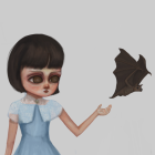 Exaggerated Eyes Girl Holding Flower with Whimsical Creature