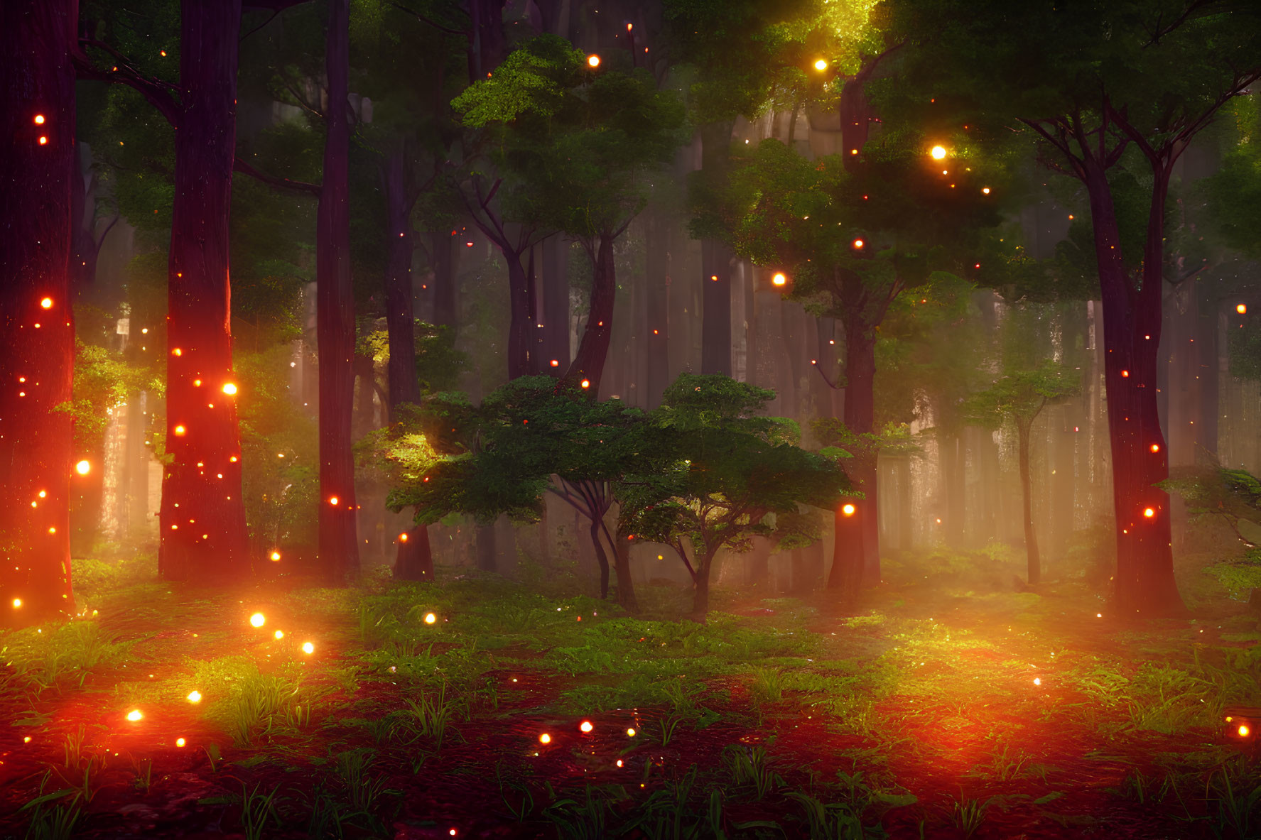 Mystical forest scene with fireflies, sunbeams, and glowing floor