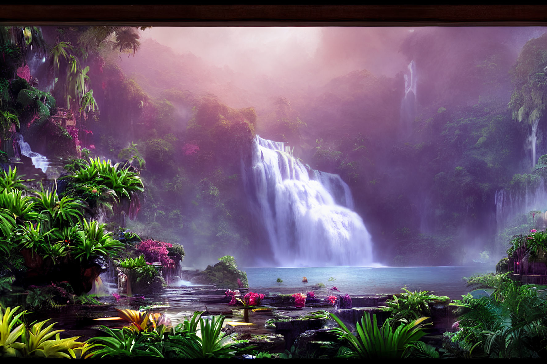 Vibrant tropical waterfall with mist and pink sky