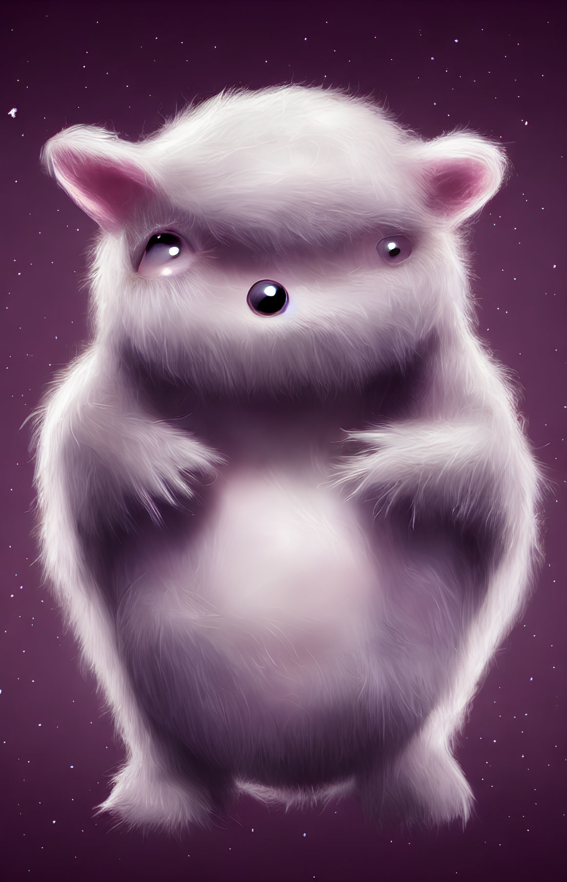 Whimsical fluffy pig-like creature on starry purple backdrop