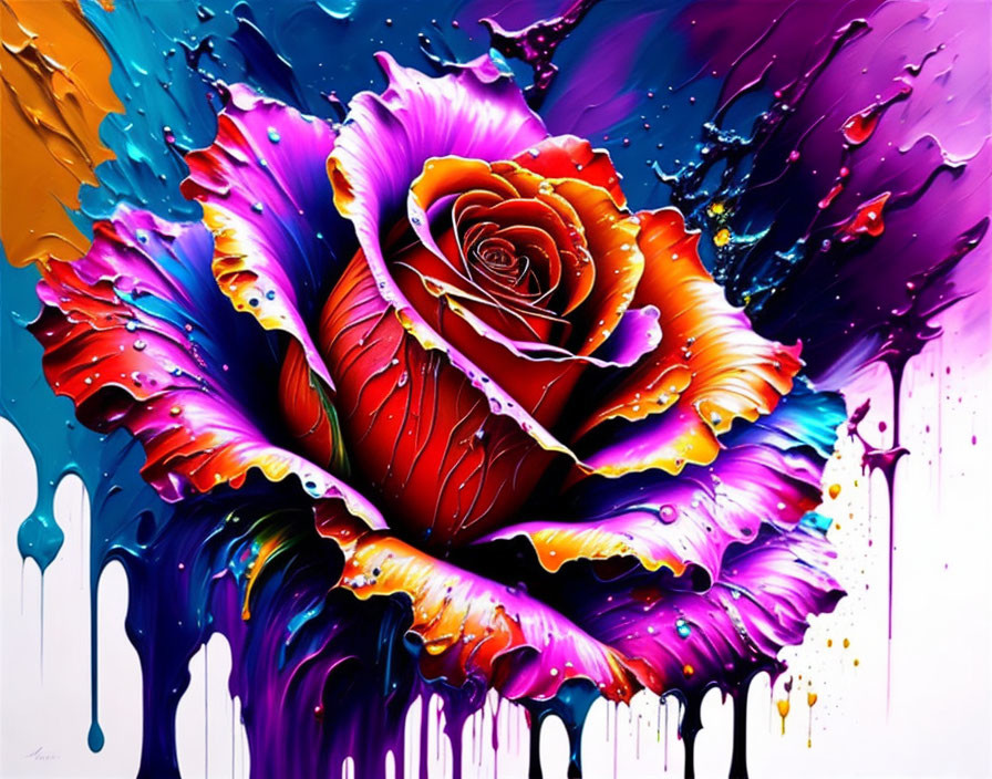 Colorful Abstract Painting of Rose with Vivid Splashes and Drips
