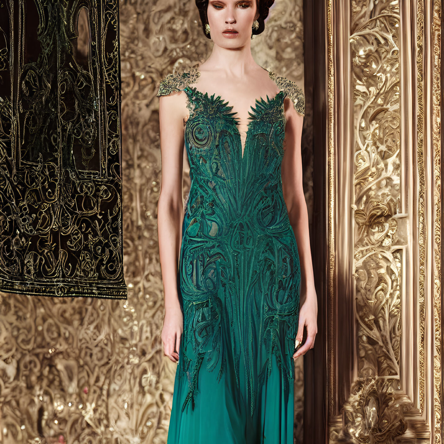 Elegant woman in green dress by ornate golden mirrors
