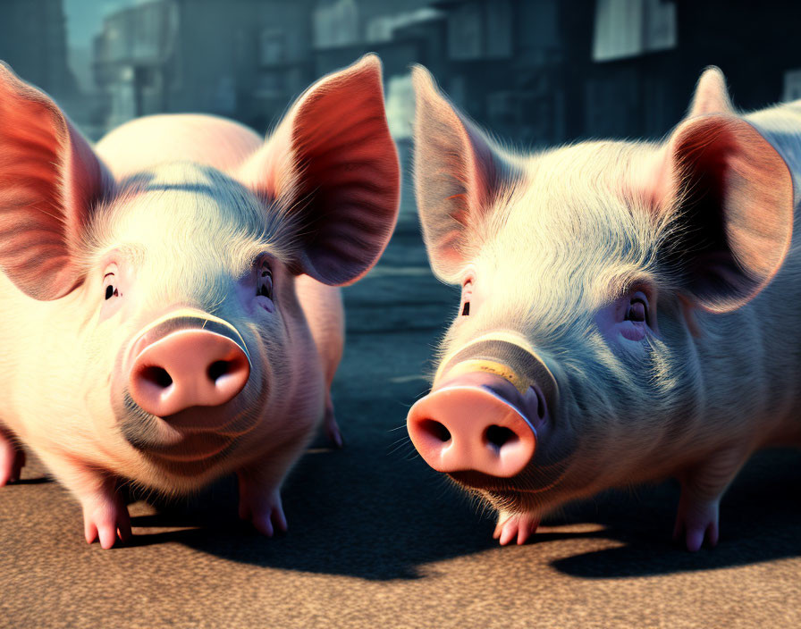 Two expressive animated pigs on cobblestone surface.