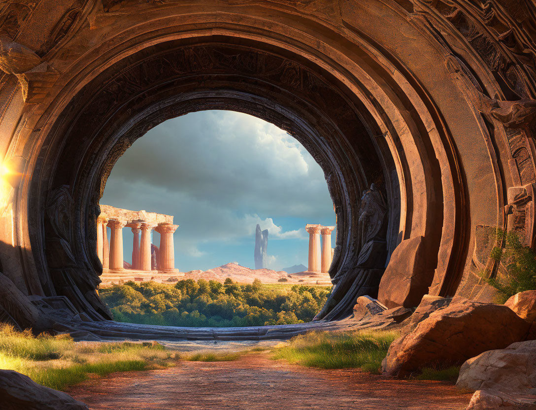 Stone archway frames ancient ruins in rocky desert sunset.