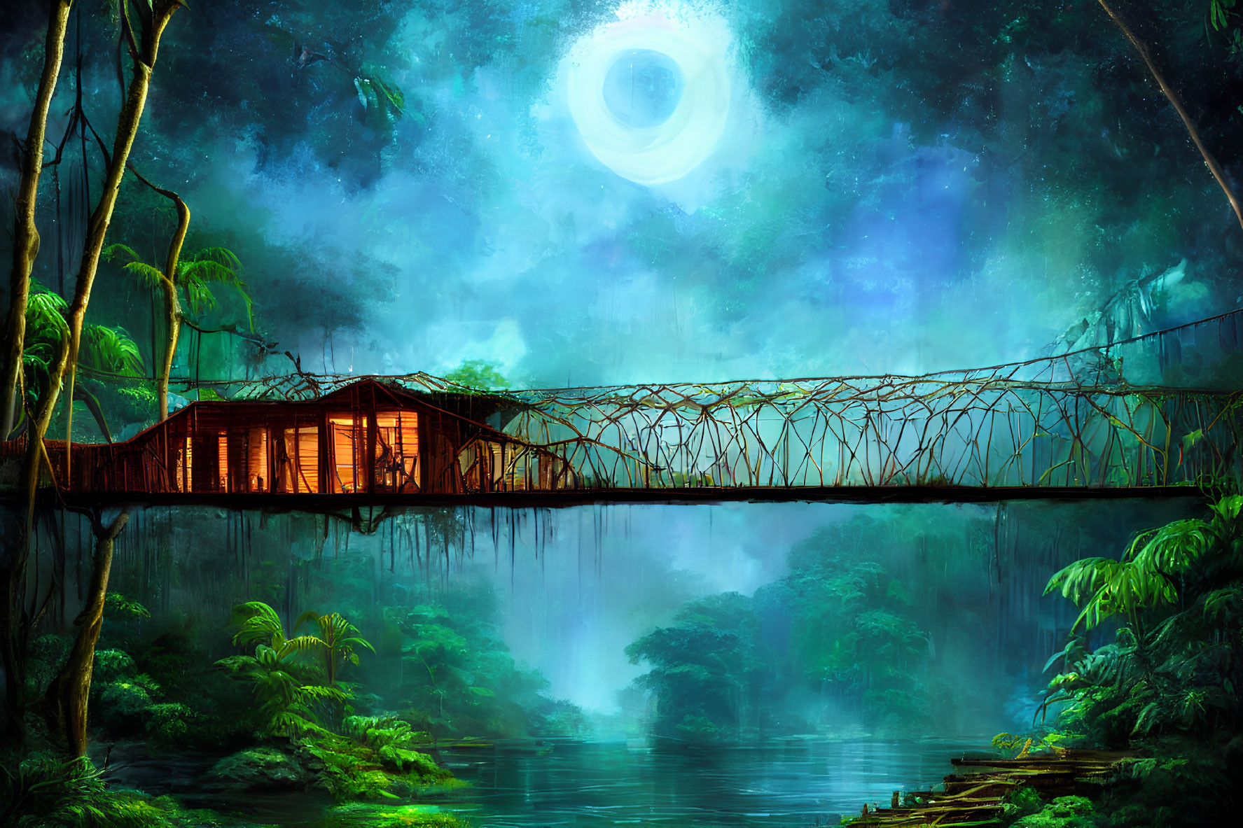 Surreal jungle scene with wooden cabin on suspension bridge
