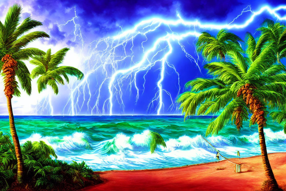 Tropical beach scene with palm trees, tumultuous ocean waves, and intense lightning in dramatic sky