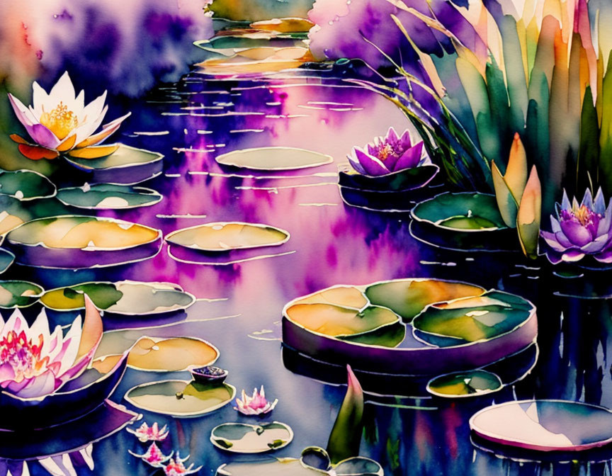 Serene pond with lily pads and lotus flowers in purple and pink