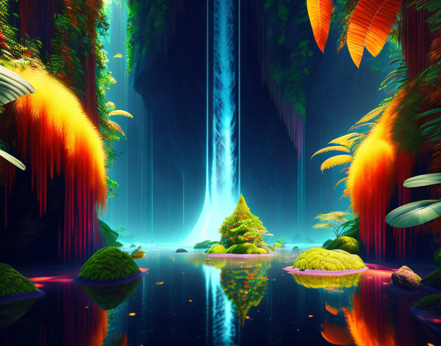 Surreal landscape with glowing tree, waterfall, and reflective pond