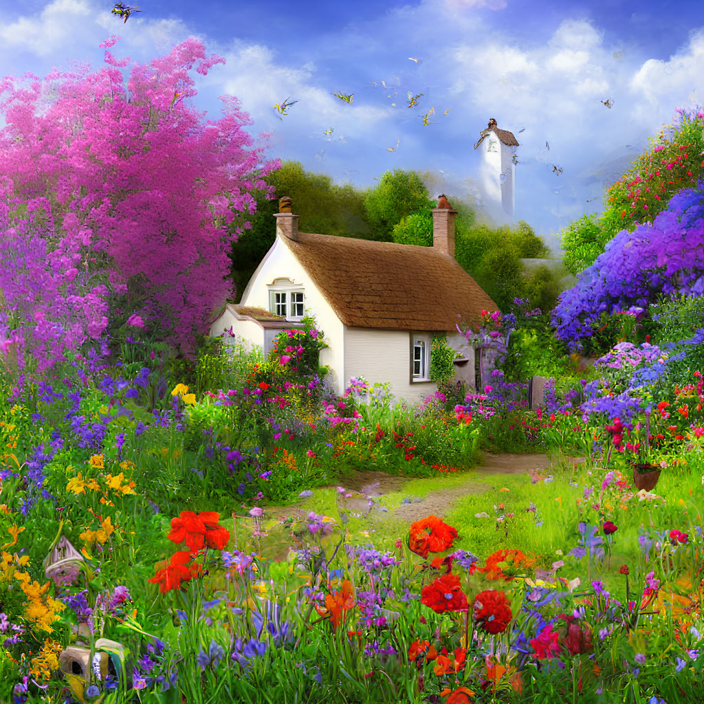 Thatched roof cottage in colorful garden under sunny sky