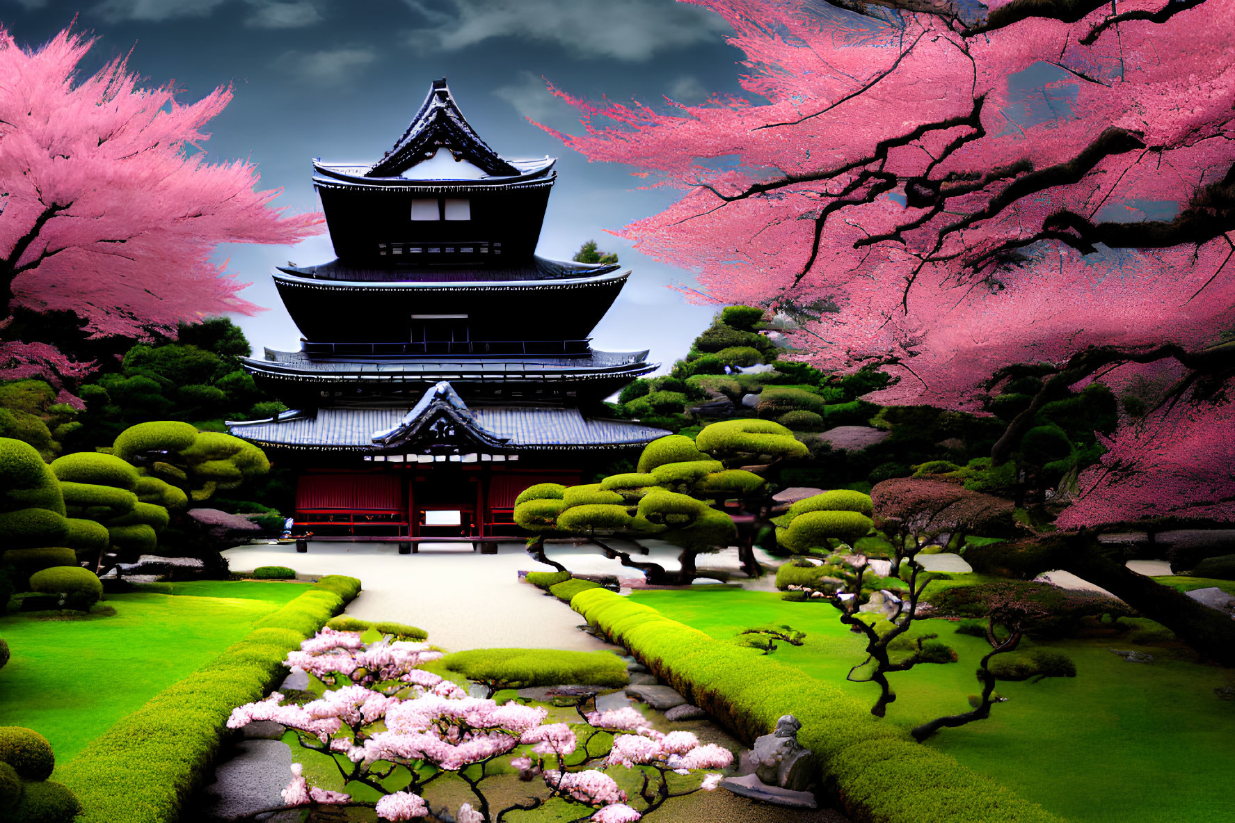 Japanese Pagoda Surrounded by Cherry Blossoms and Manicured Garden