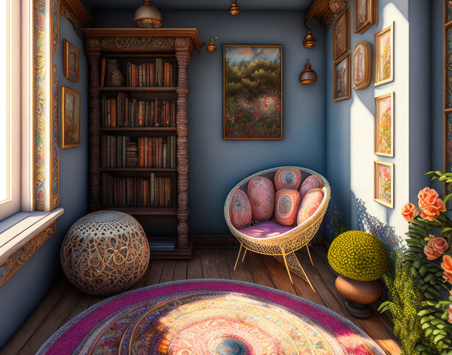 Inviting reading nook with patterned armchair, wooden bookshelf, and sunny window.