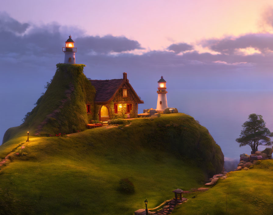 Cozy Cottage and Lighthouse on Cliff Overlooking Ocean at Sunset