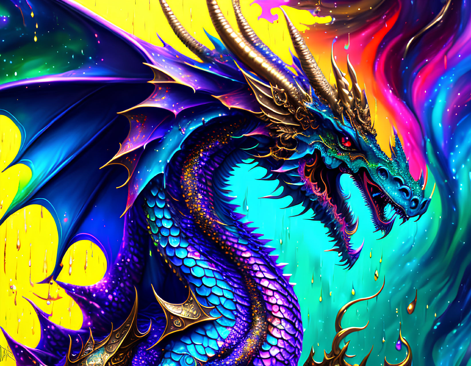 Colorful Dragon Illustration with Blue Scales and Gold Accents on Cosmic Background