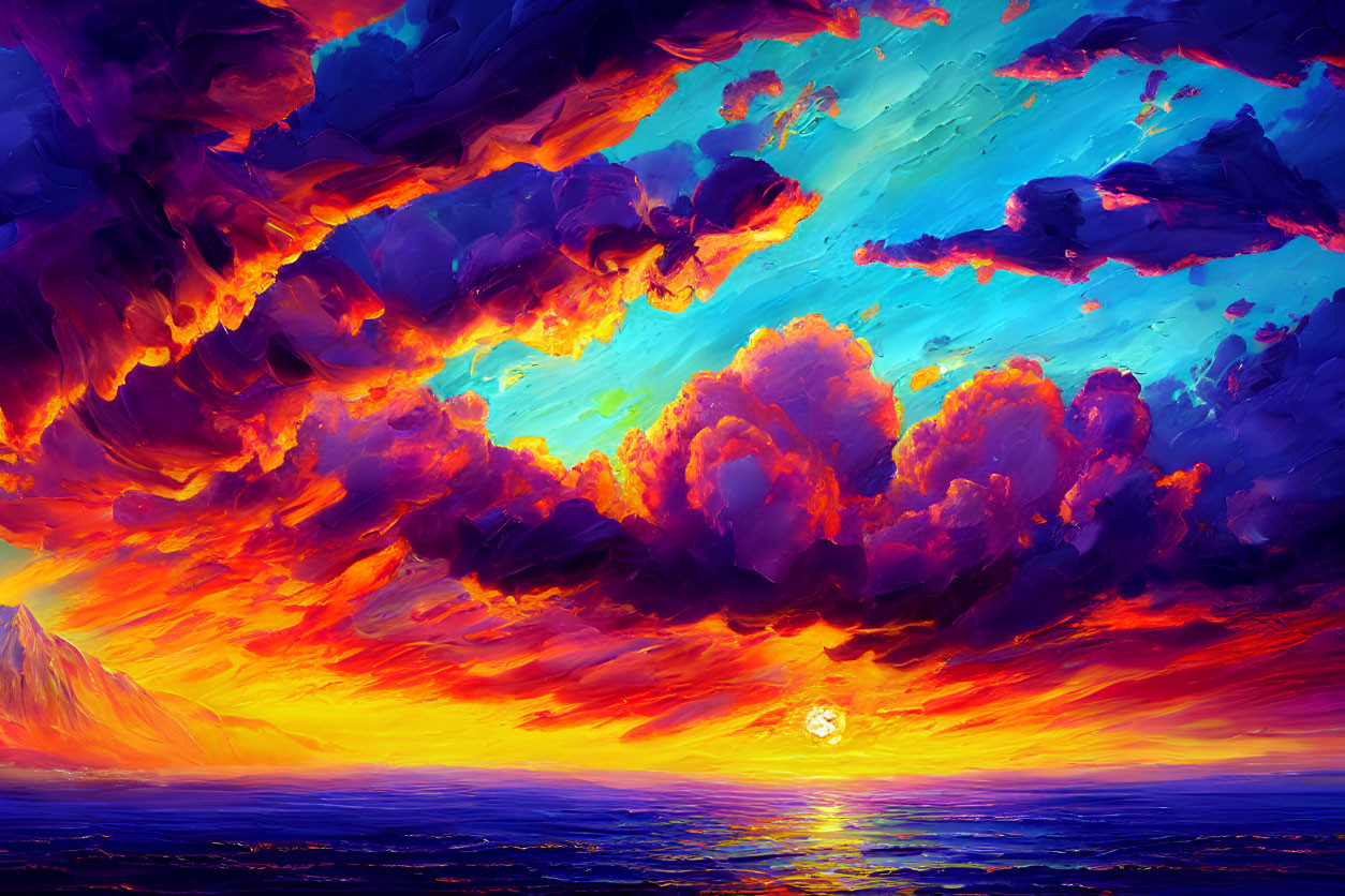 Vivid ocean sunset with fiery sky and mountain