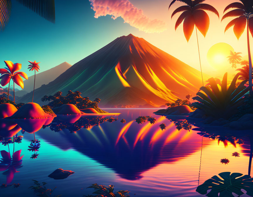 Colorful Tropical Scene: Volcano, Palm Trees, Sunset Reflections