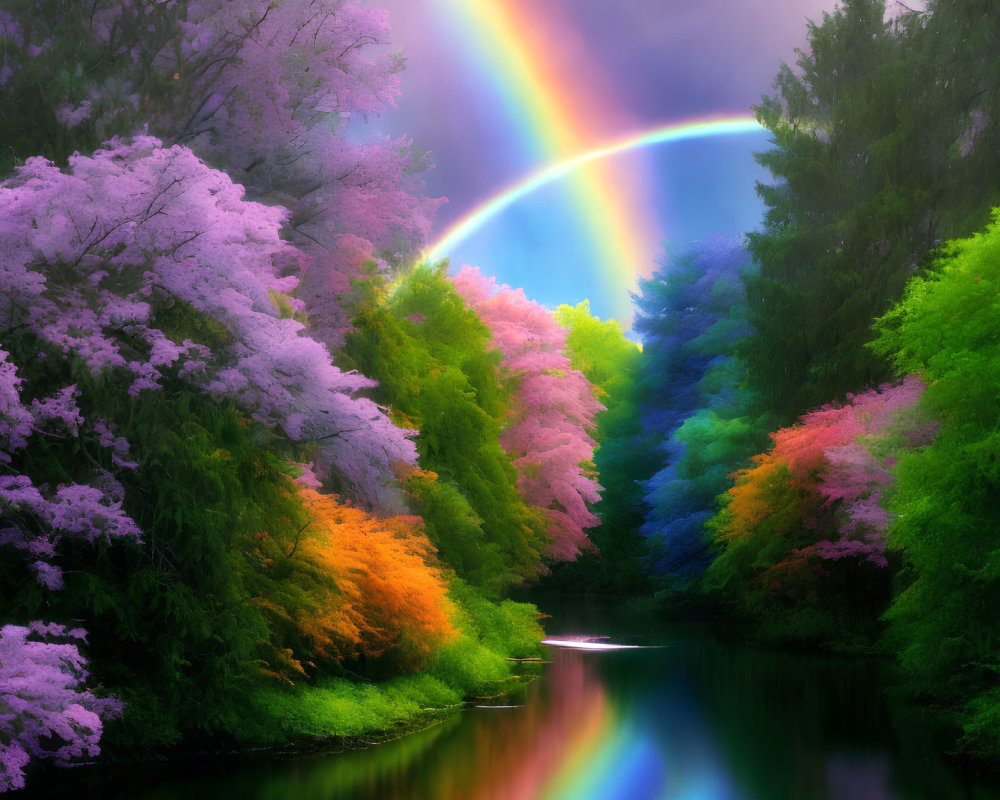 Colorful Trees and Rainbow Over Calm River in Lush Forest