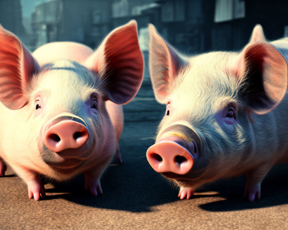 Two expressive animated pigs on cobblestone surface.