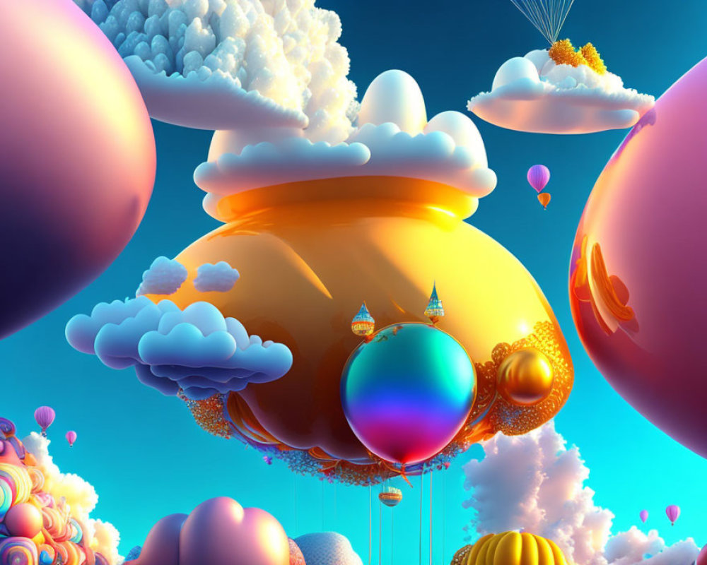 Colorful Fantasy Landscape with Floating Islands and Balloons