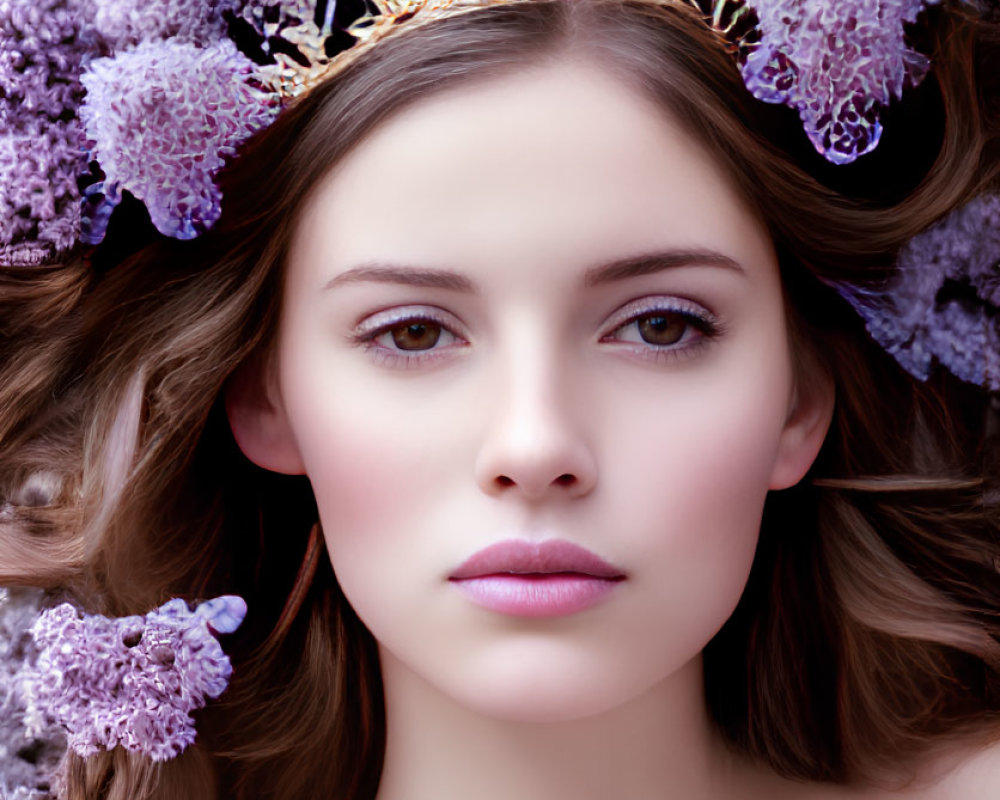 Woman with golden crown and lilac flowers in hair, brown eyes, wavy hair, against floral
