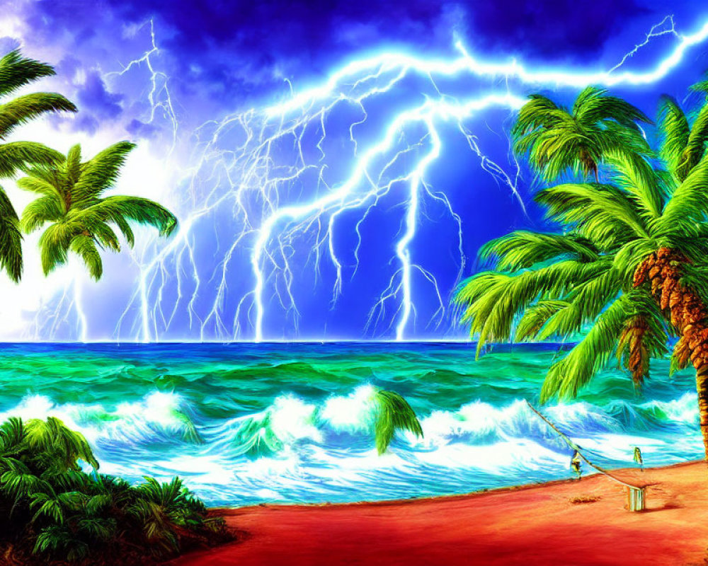 Tropical beach scene with palm trees, tumultuous ocean waves, and intense lightning in dramatic sky