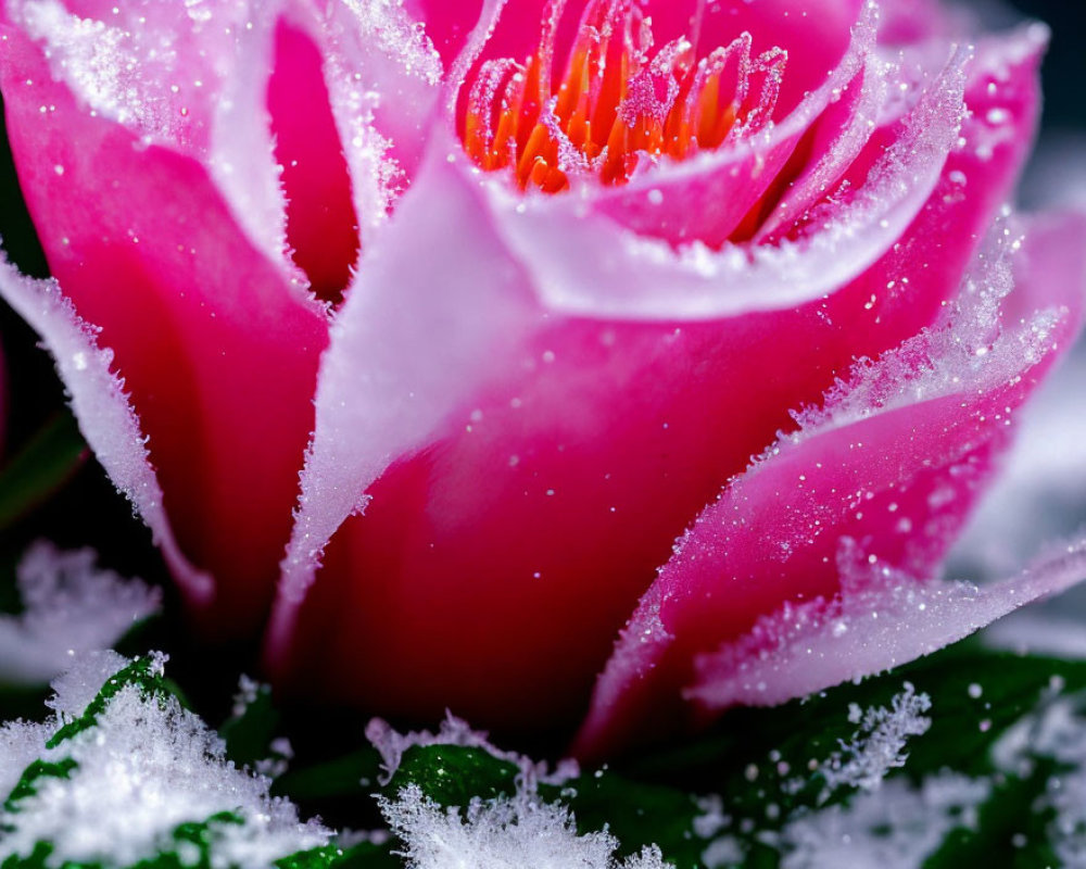 Vibrant pink flower with frost crystals on petals in green foliage