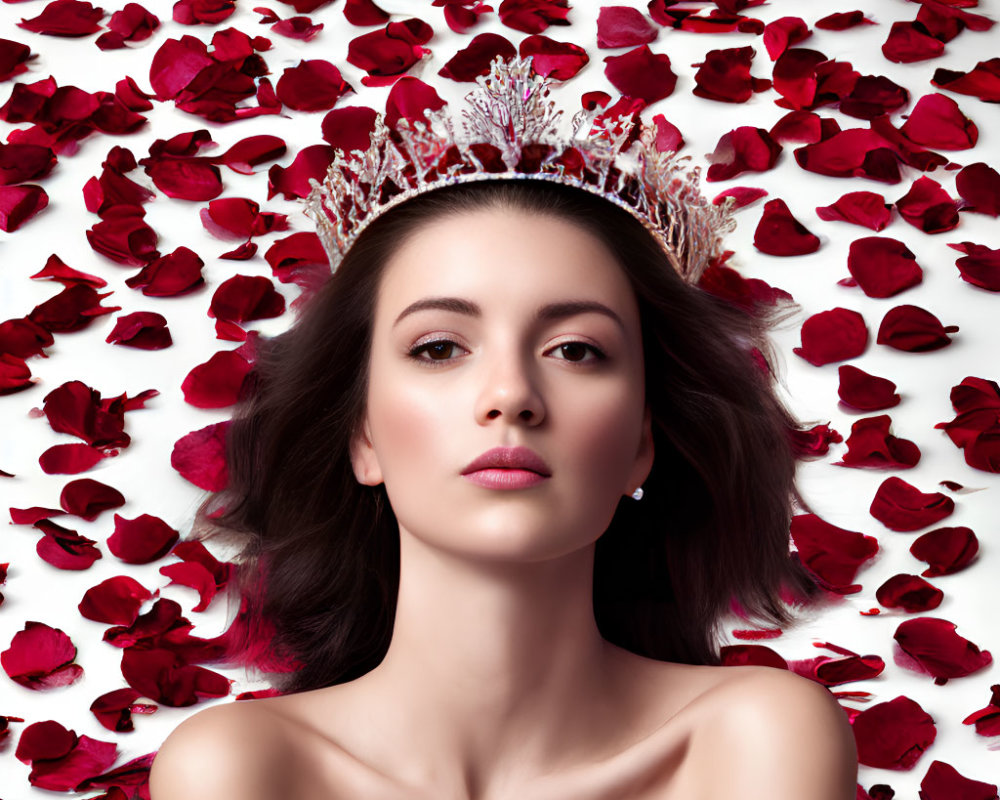 Woman with Crown and Rose Petals in Serene Pose