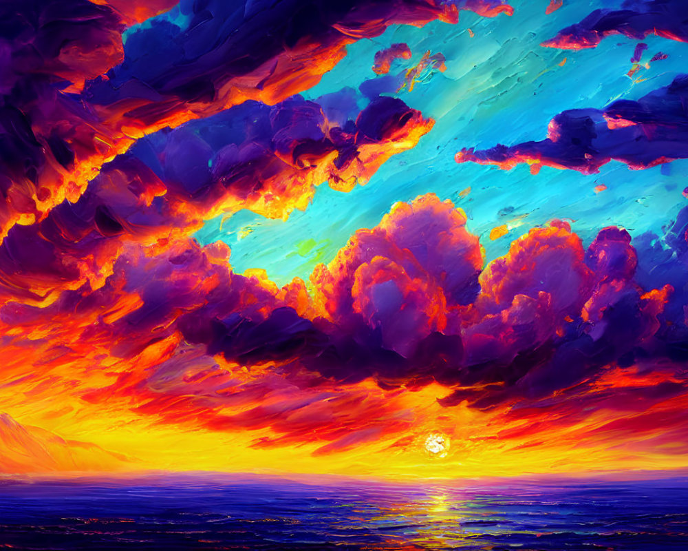 Vivid ocean sunset with fiery sky and mountain