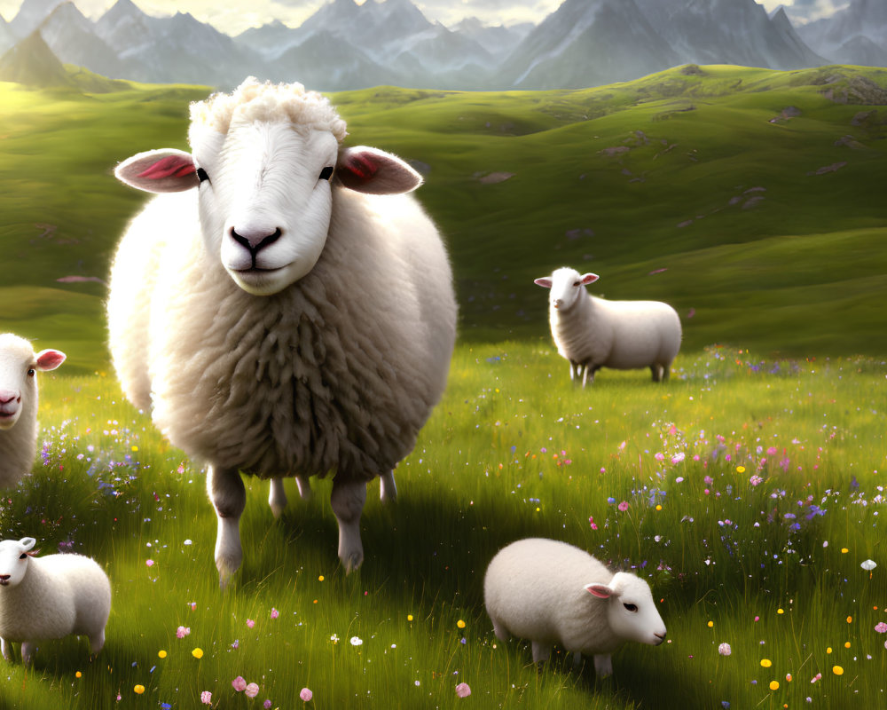 Tranquil landscape with sheep grazing in lush greenery